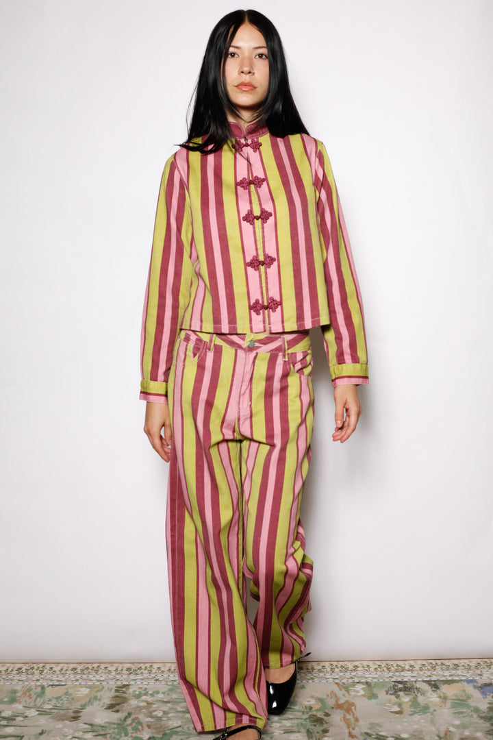 Cotton Denim Multi Stripe Frog Closure Jacket