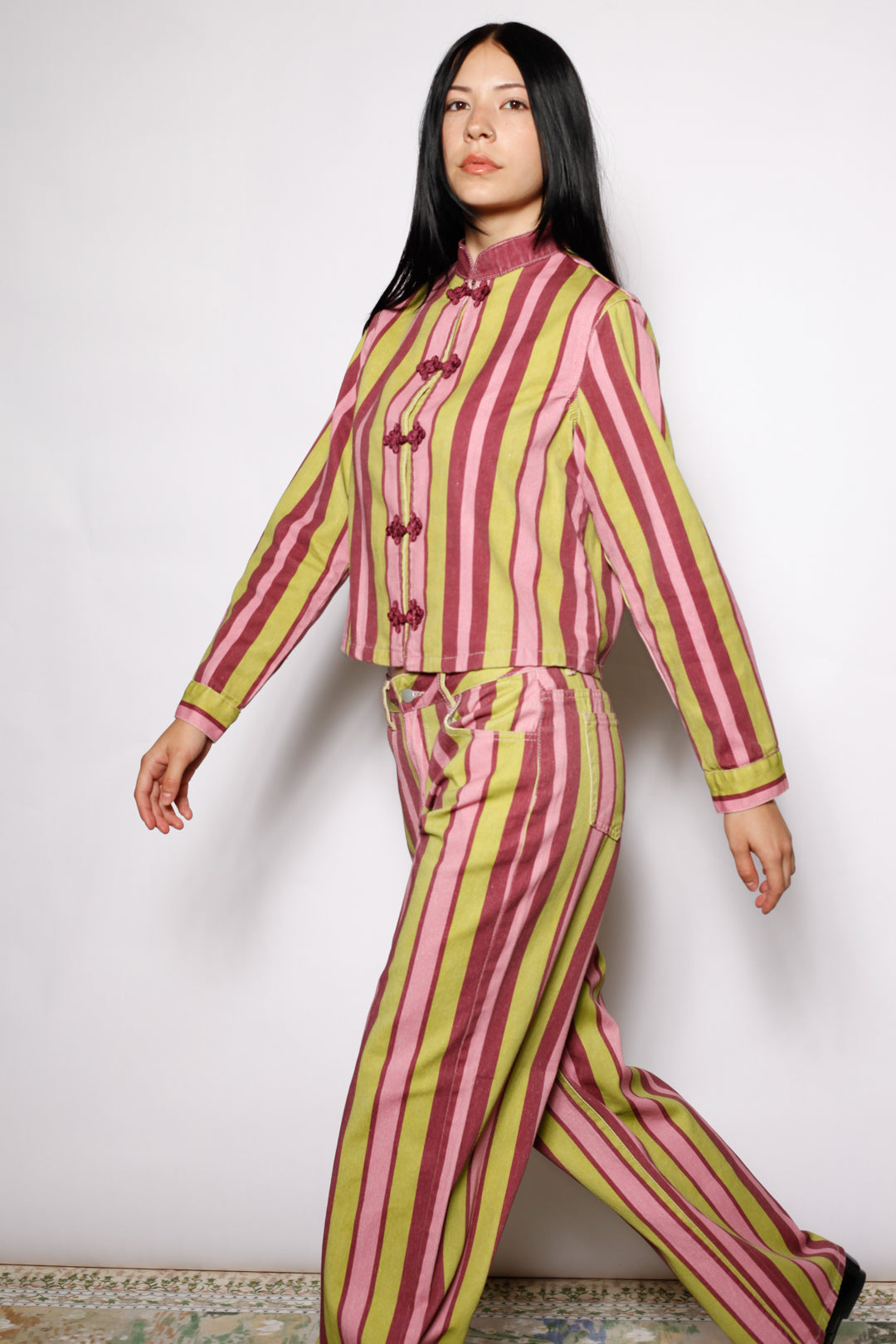 Cotton Denim Multi Stripe Frog Closure Jacket