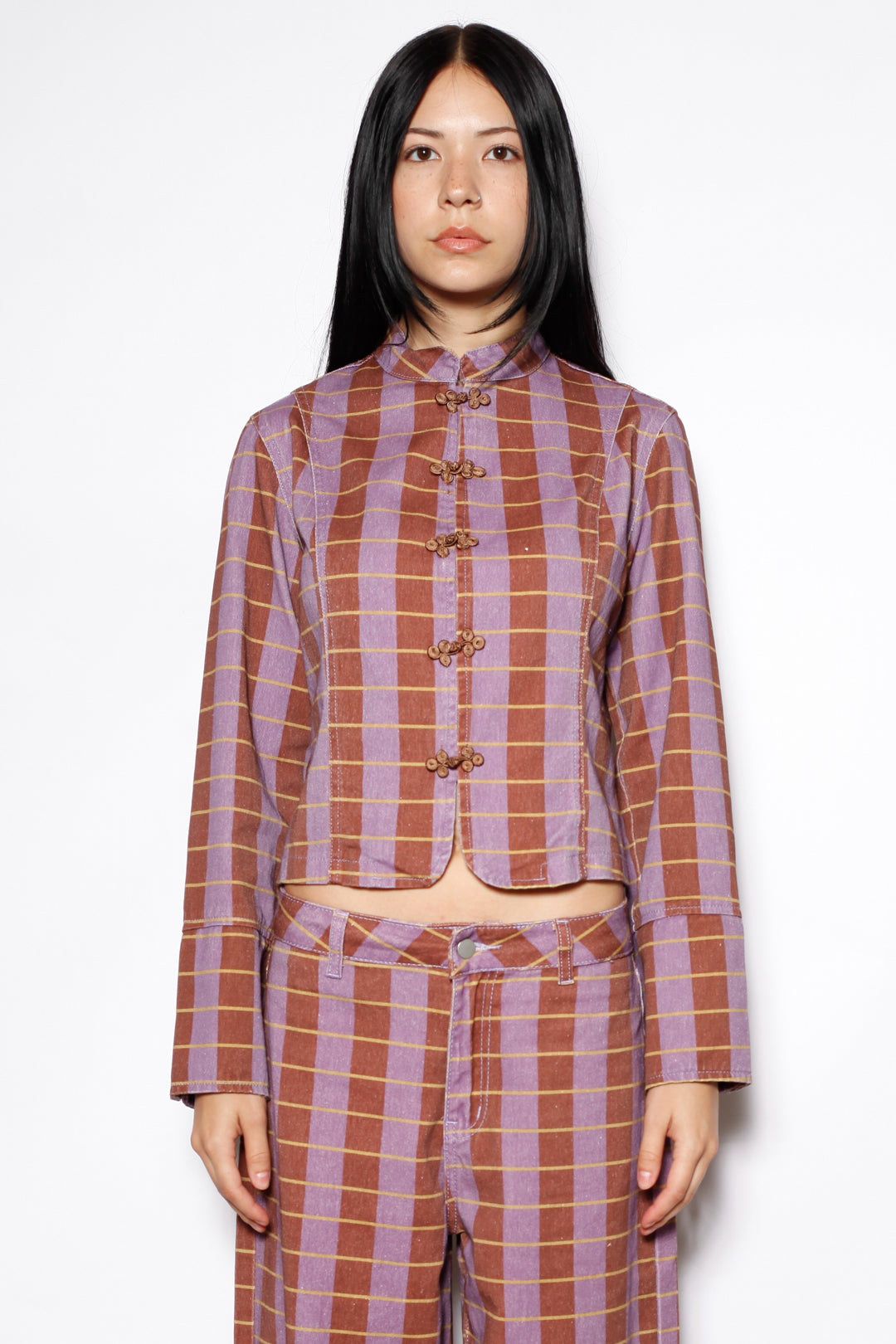 Cotton Denim Plaid Frog Closure Jacket