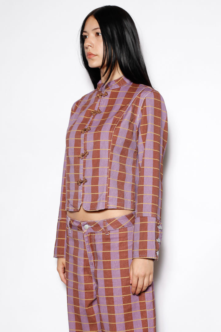 Cotton Denim Plaid Frog Closure Jacket
