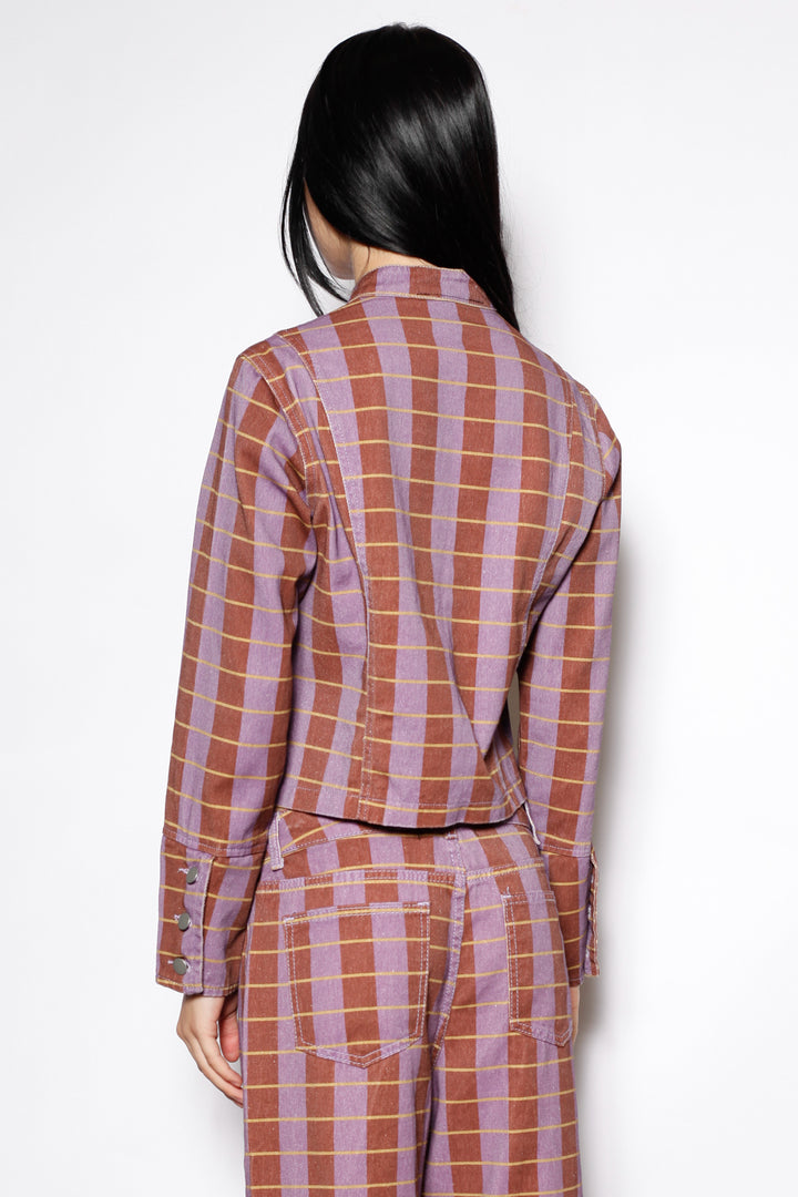 Cotton Denim Plaid Frog Closure Jacket