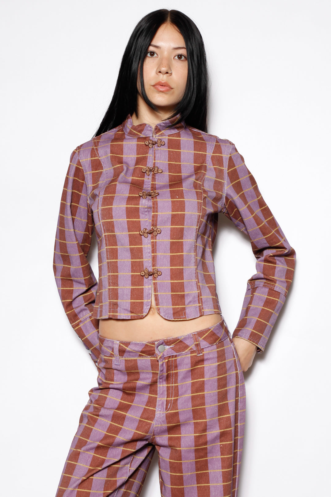 Cotton Denim Plaid Frog Closure Jacket