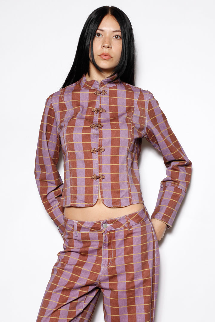 Cotton Denim Plaid Frog Closure Jacket