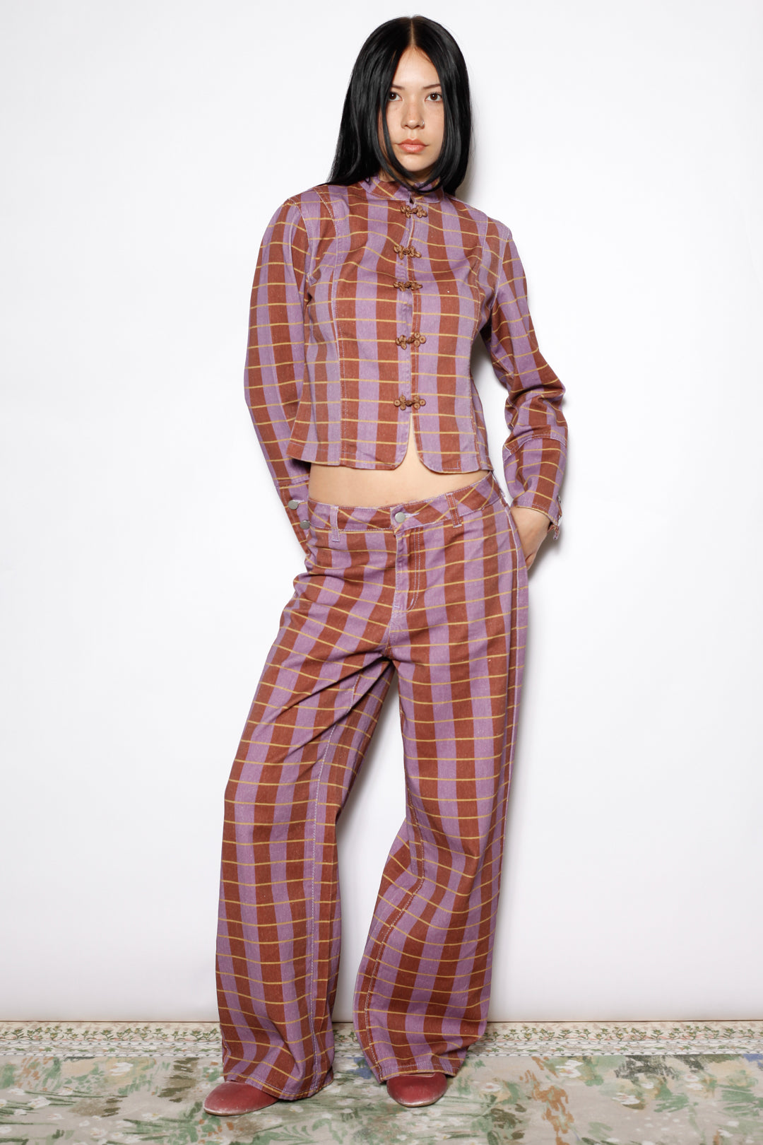 Cotton Denim Plaid Frog Closure Jacket