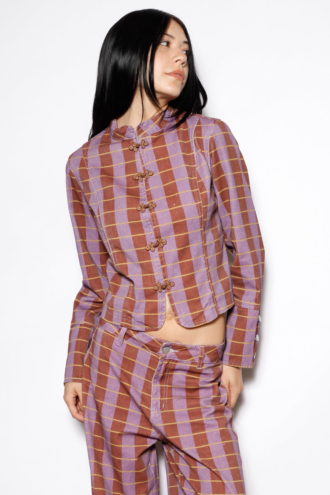 Cotton Denim Plaid Frog Closure Jacket