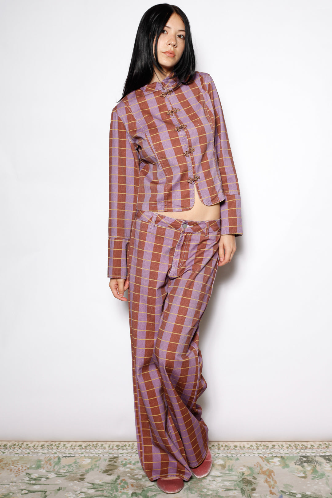 Cotton Denim Plaid Frog Closure Jacket