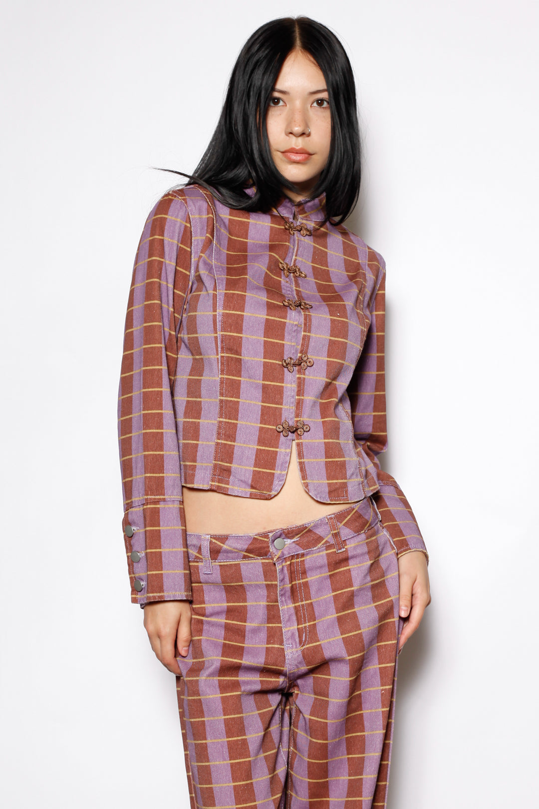 Cotton Denim Plaid Frog Closure Jacket