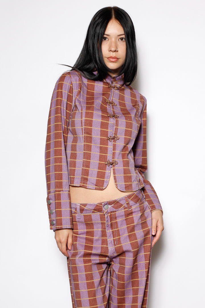 Cotton Denim Plaid Frog Closure Jacket