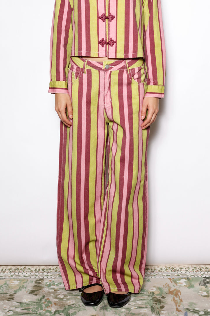 Cotton Denim Multi Stripe Wide Leg Pants