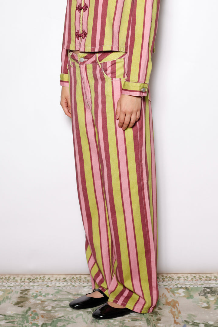 Cotton Denim Multi Stripe Wide Leg Pants