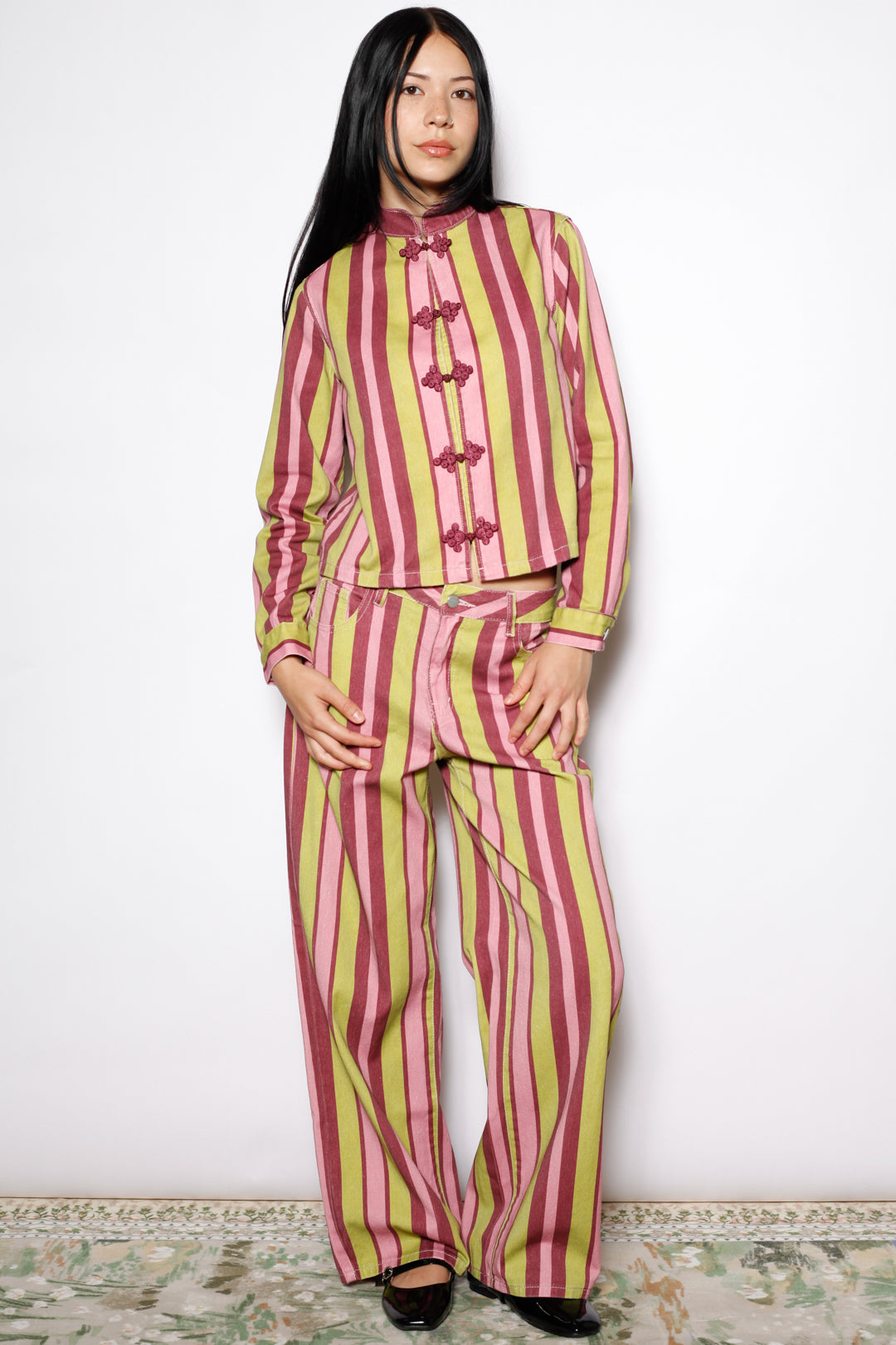 Cotton Denim Multi Stripe Wide Leg Pants