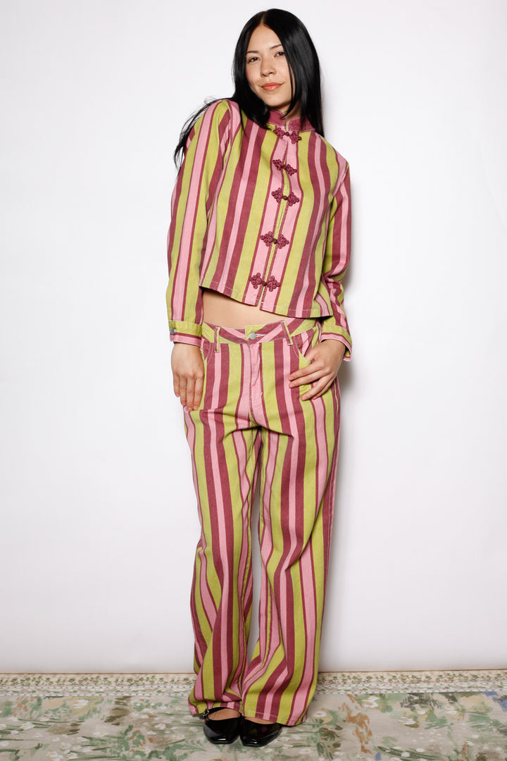 Cotton Denim Multi Stripe Wide Leg Pants