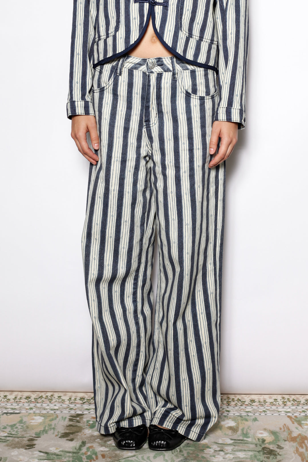 Cotton Denim Stripe Wide Leg Pants