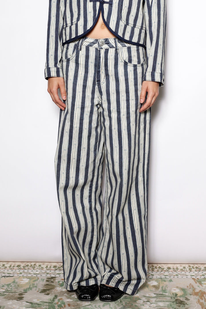 Cotton Denim Stripe Wide Leg Pants