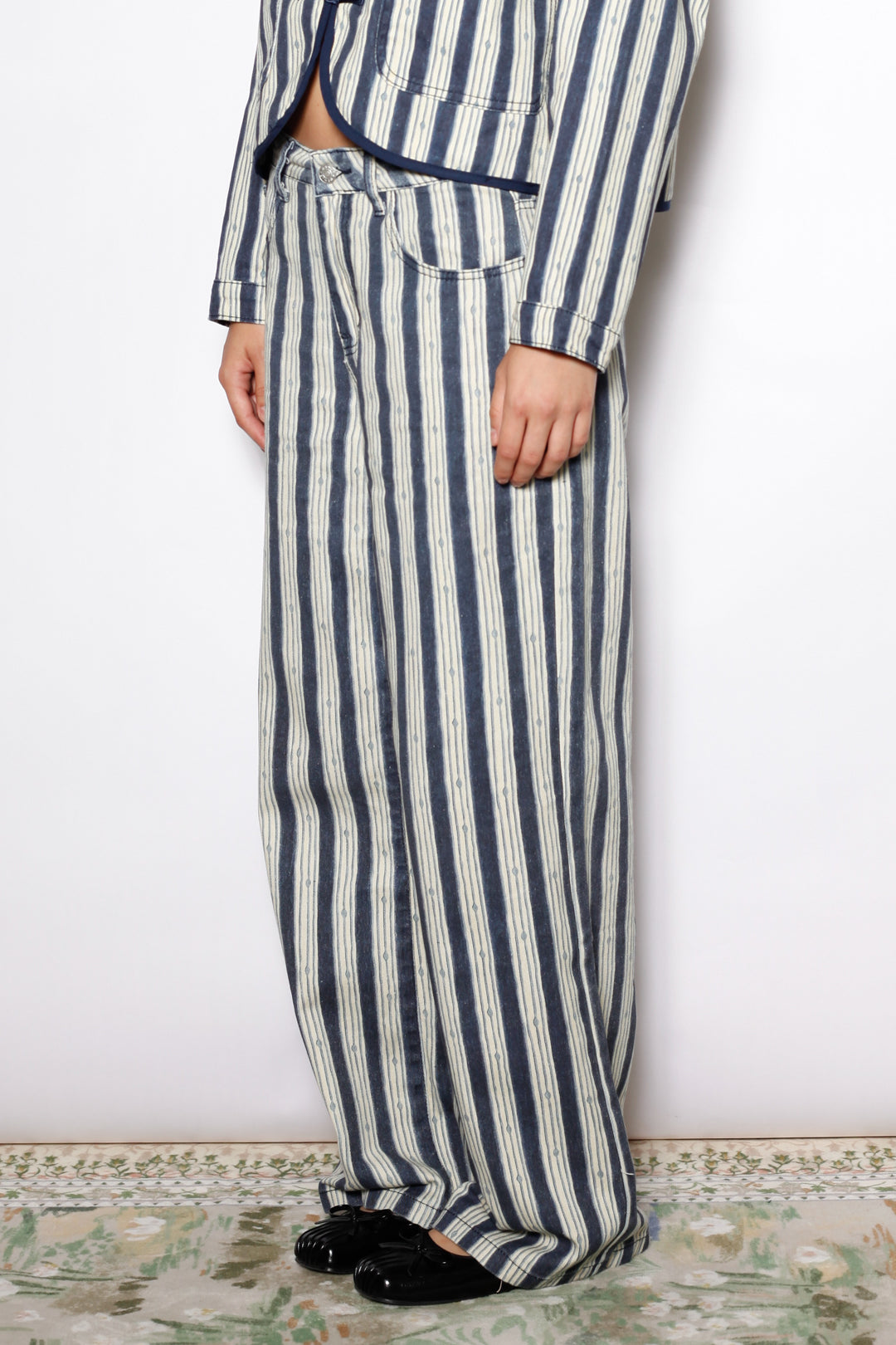 Cotton Denim Stripe Wide Leg Pants