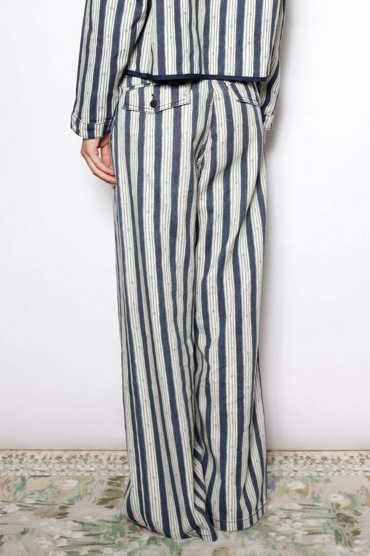 Cotton Denim Stripe Wide Leg Pants
