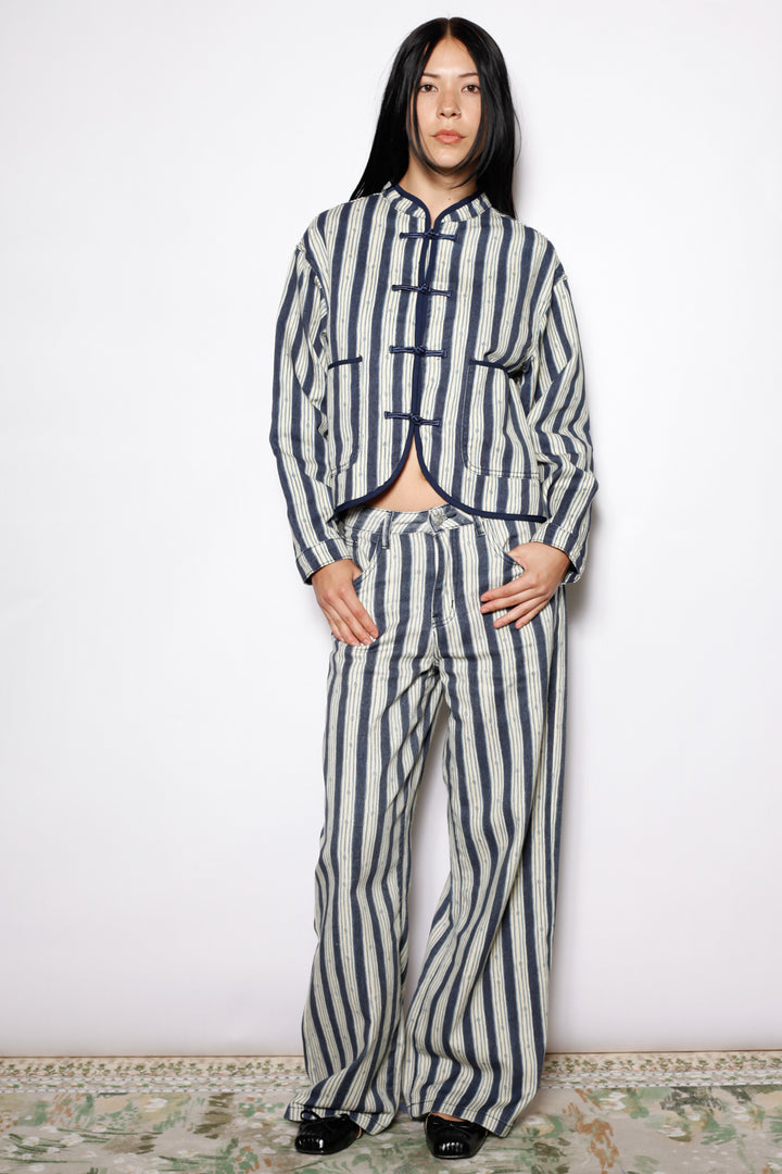Cotton Denim Stripe Wide Leg Pants