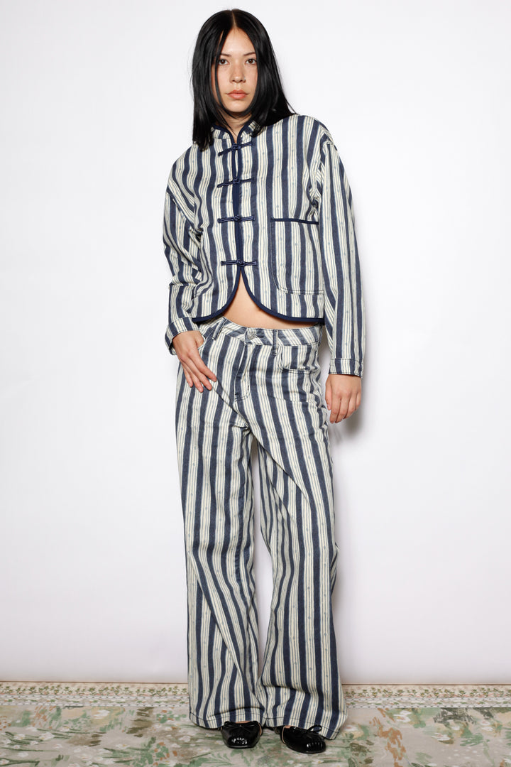 Cotton Denim Stripe Wide Leg Pants