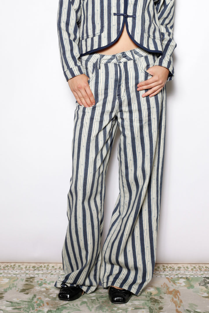 Cotton Denim Stripe Wide Leg Pants
