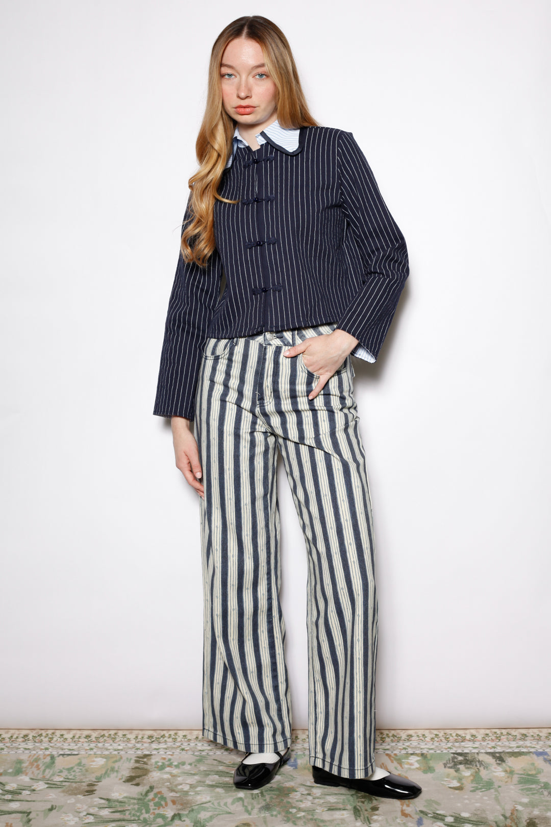 Cotton Denim Stripe Wide Leg Pants