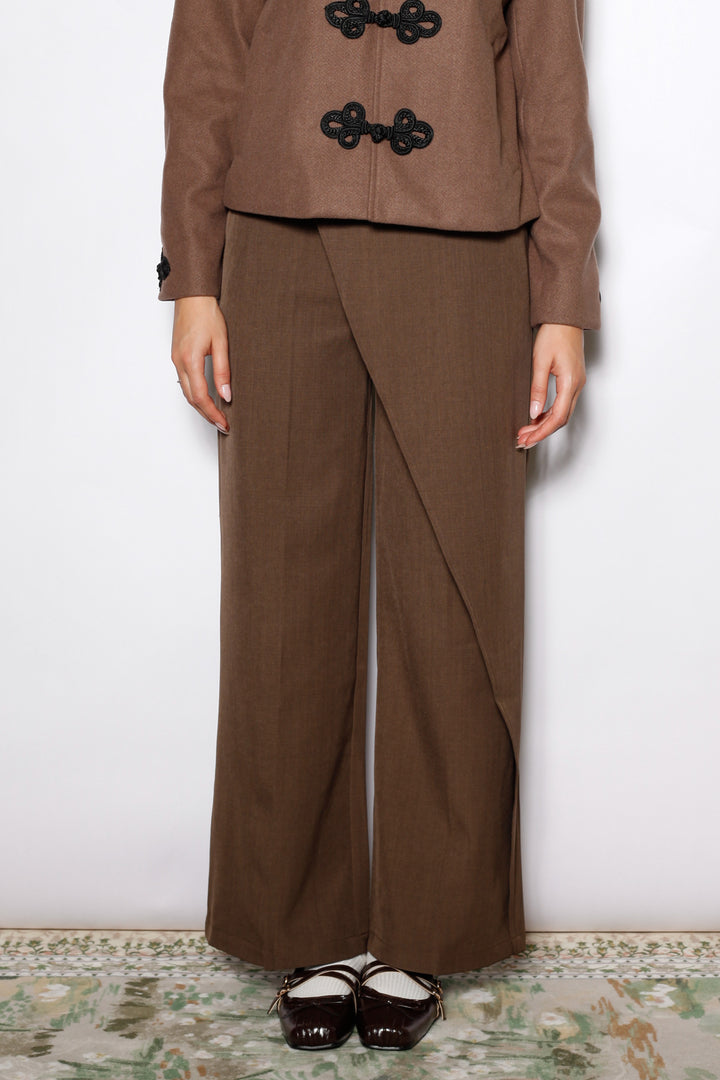 Wool Brown Wrap Wide Leg Pants