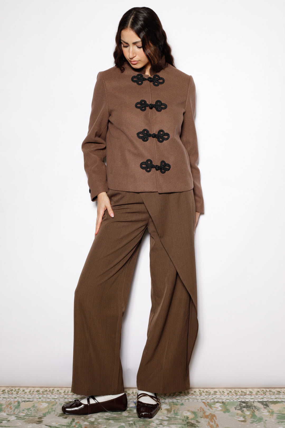 Wool Brown Wrap Wide Leg Pants