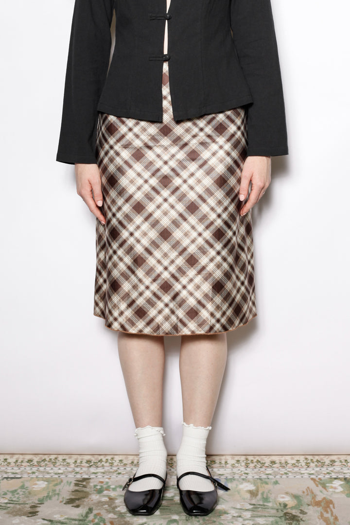 Cotton Brown Plaid Midi Skirt