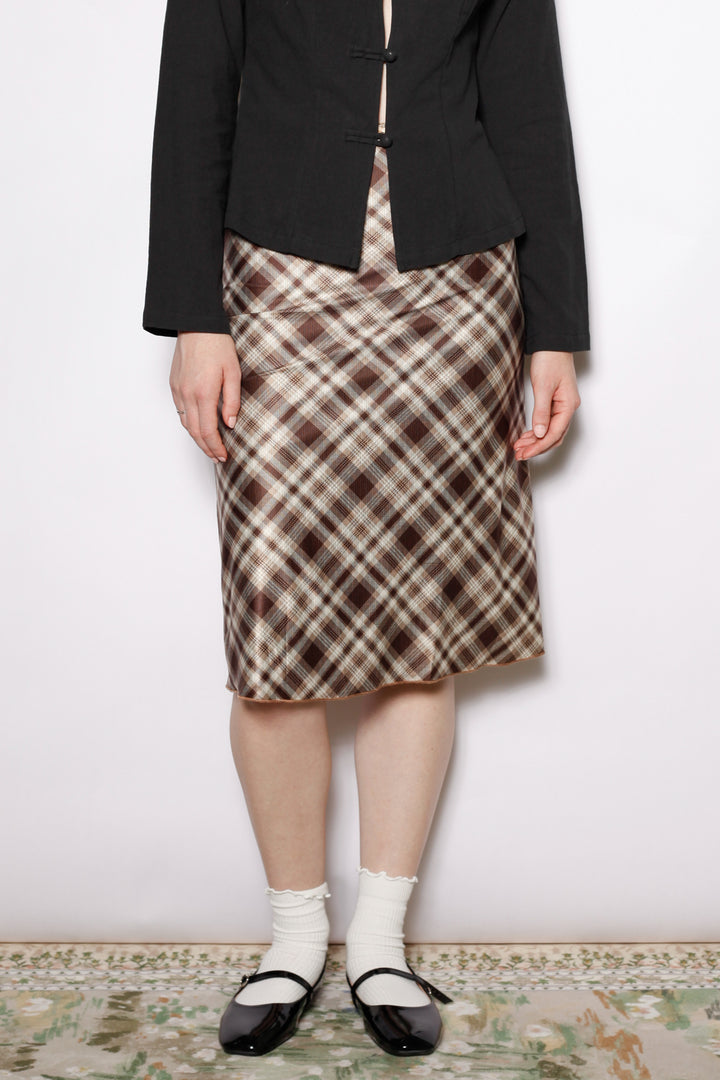 Cotton Brown Plaid Midi Skirt