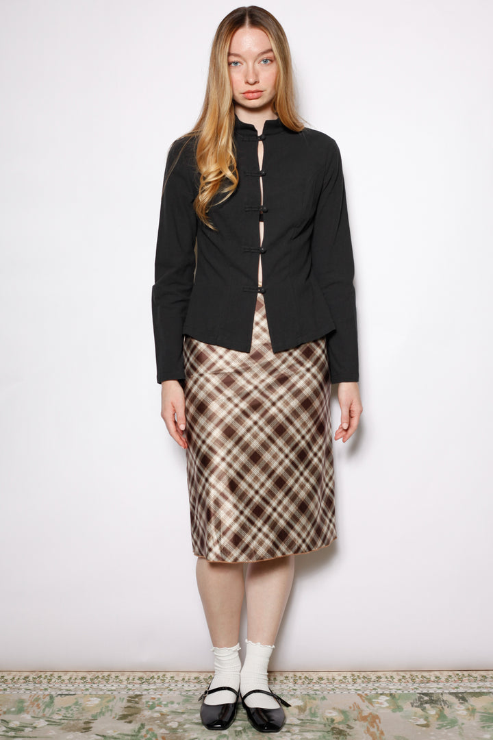 Cotton Brown Plaid Midi Skirt
