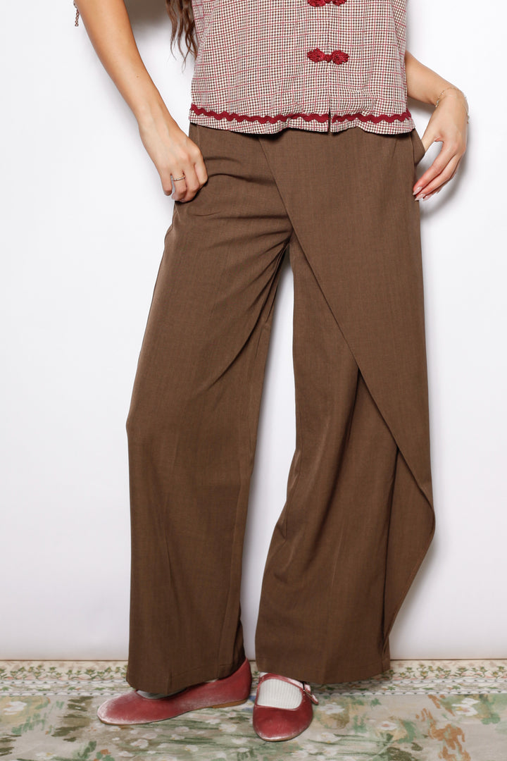 Wool Brown Wrap Wide Leg Pants