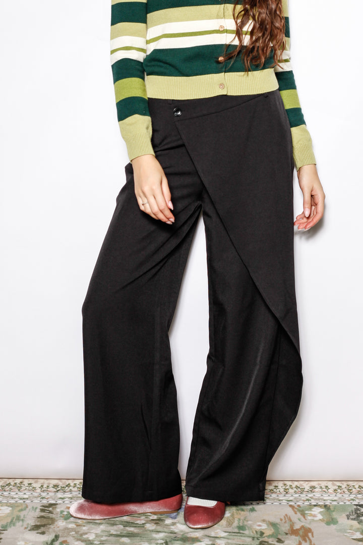Black Wool Asymmetric Wide Leg Pants