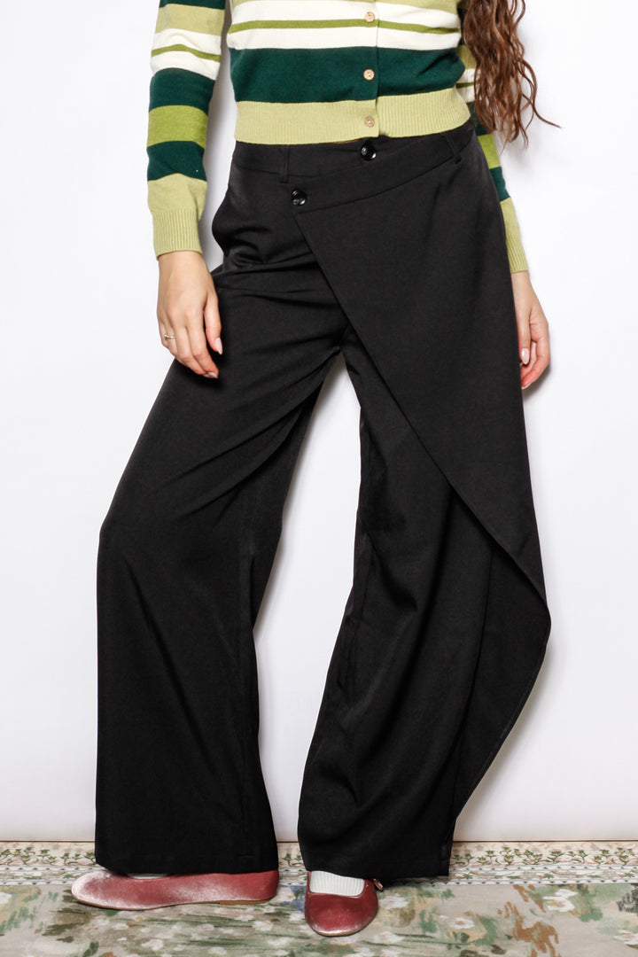 Black Wool Asymmetric Wide Leg Pants