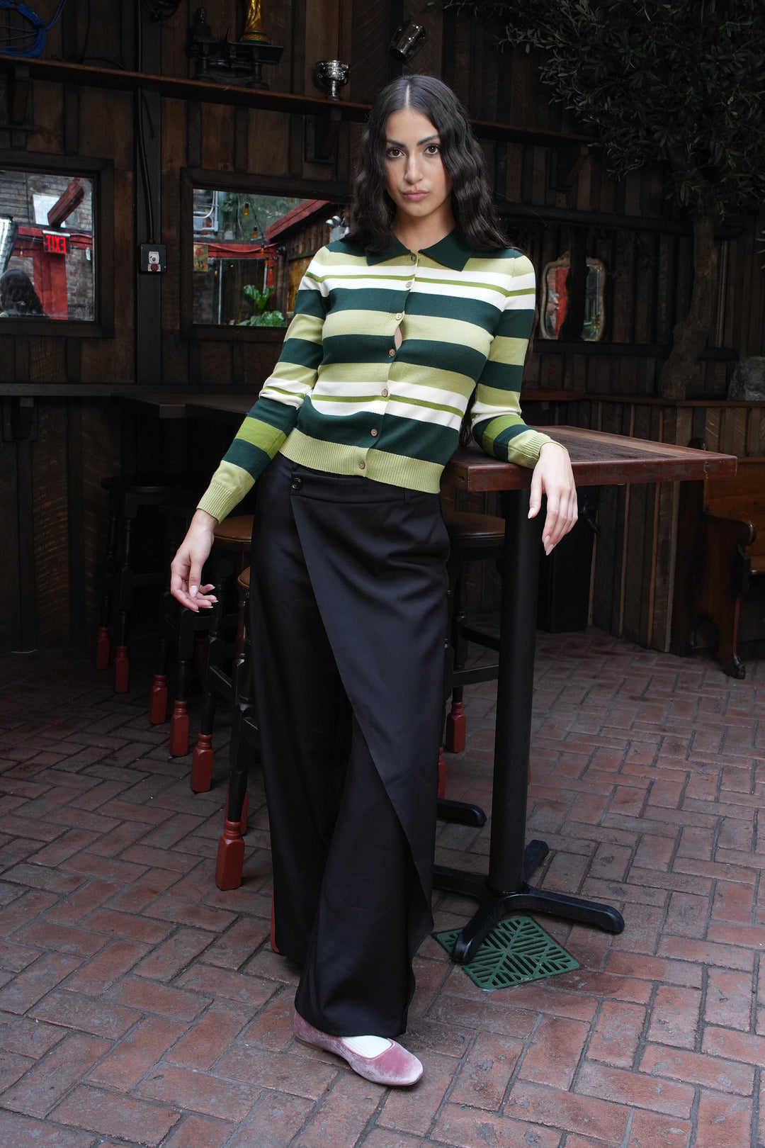 Wool Green Stripe Polo Cardigan