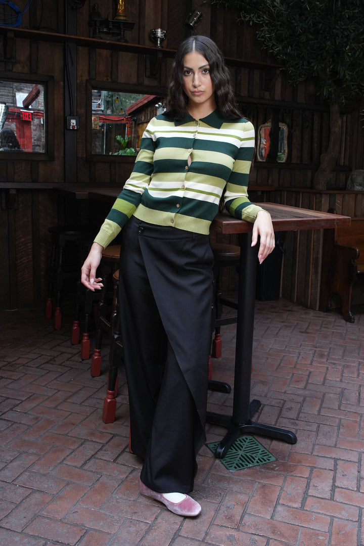 Wool Green Stripe Polo Cardigan