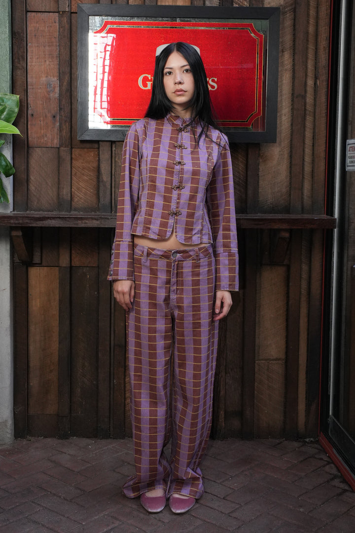 Cotton Denim Plaid Frog Closure Jacket