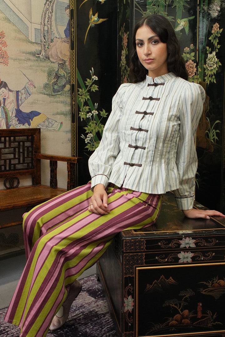 Cotton Ivory Stripe Frog Closure Shirt