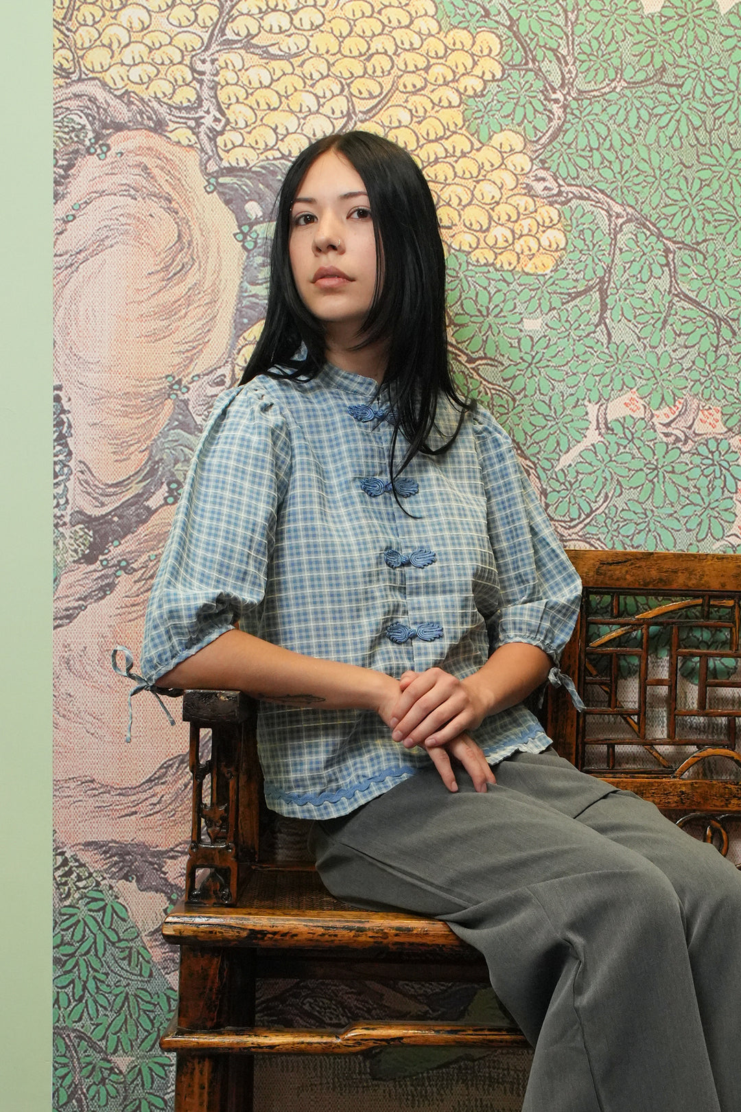 Cotton Blue Check Frog Closure Top