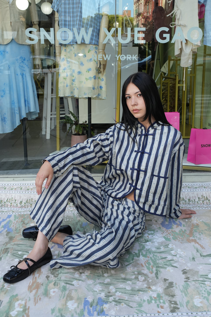 Cotton Denim Stripe Frog Closure Jacket