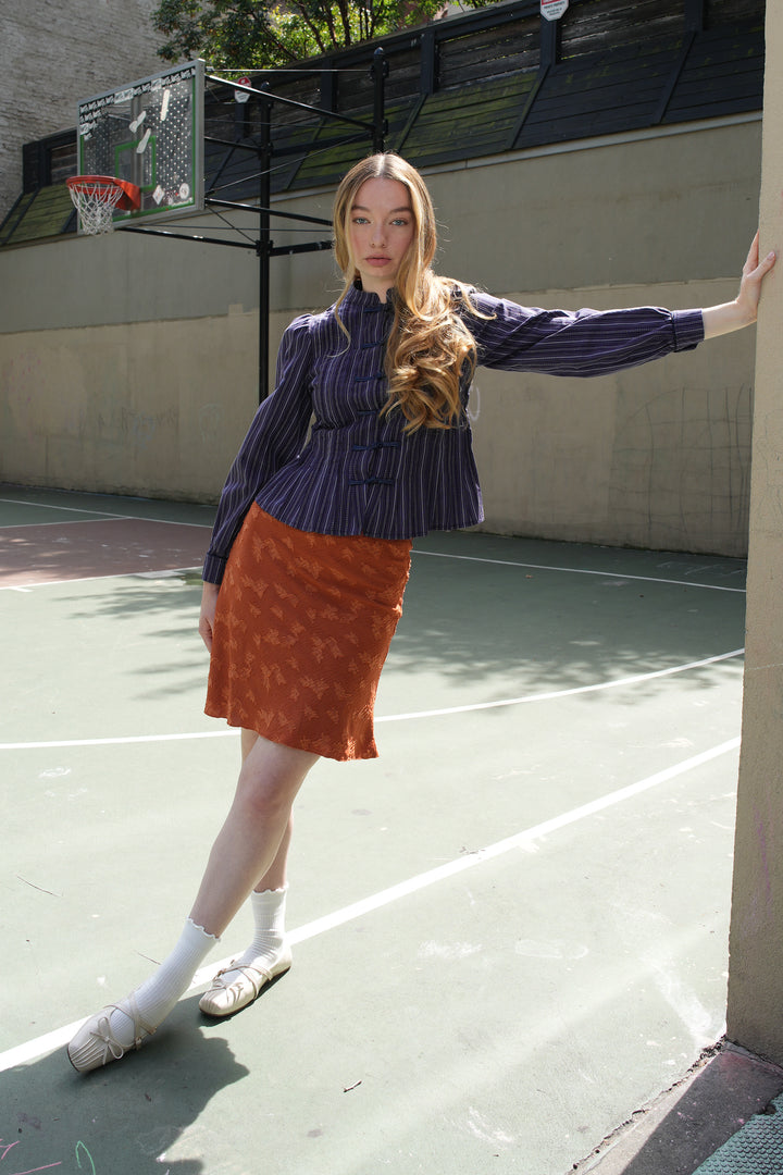 Navy Stripe Cotton Frog Closure Shirt
