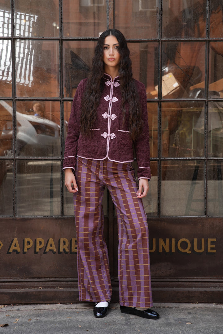 Burgundy Textured Wool Frog Closure Jacket