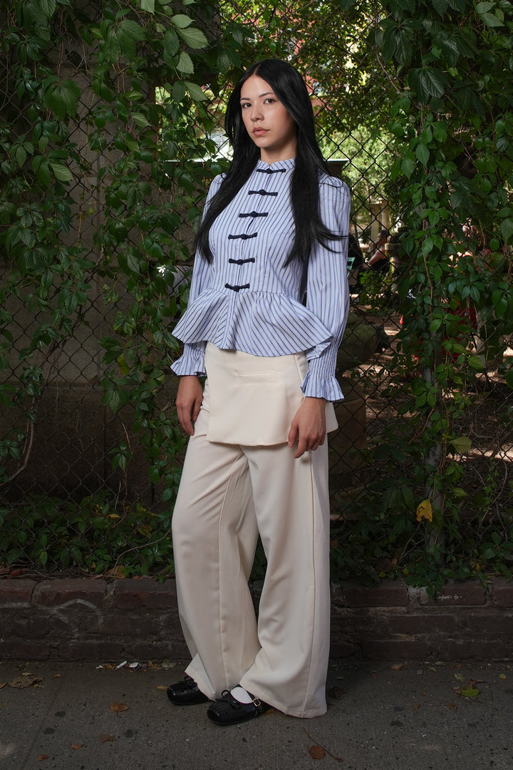 Blue Stripe Cotton Peplum Frog Closure Shirt