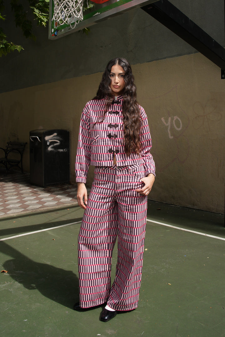 Pink Stripe Denim Frog Closure Jacket