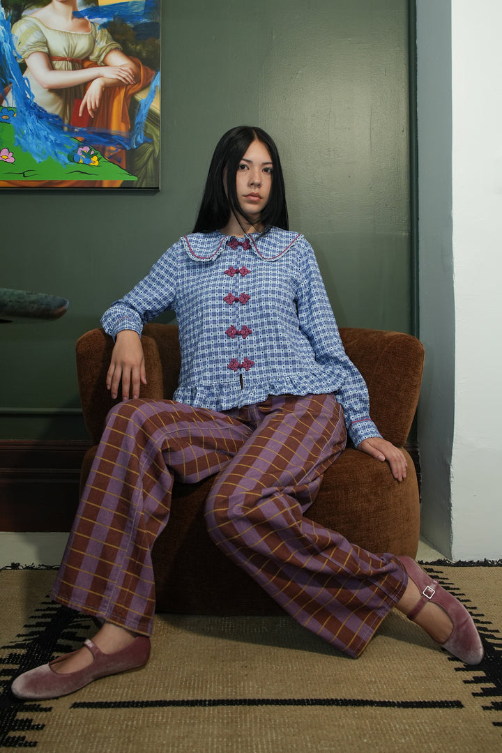 Cotton Blue Check Peter Pan Collar Frog Closure Shirt