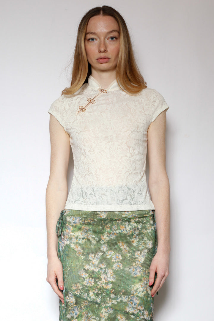 Cotton Cream Qipao Lace Top with Gold Knot