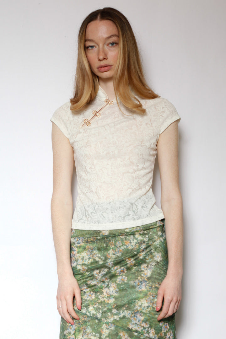 Cotton Cream Qipao Lace Top with Gold Knot