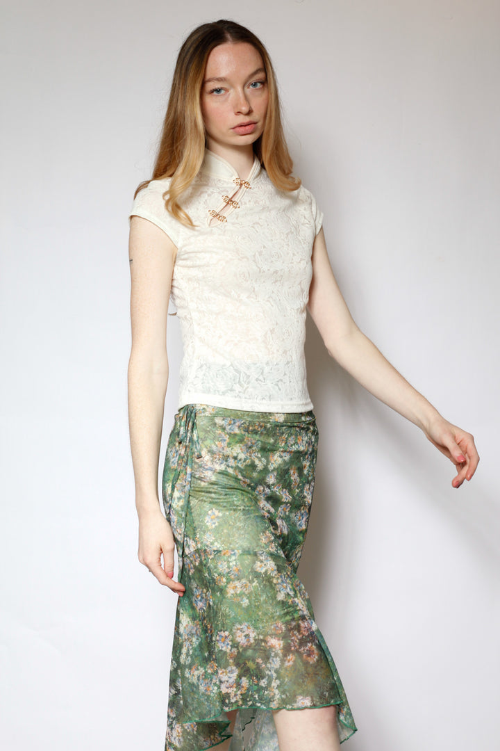 Cotton Cream Qipao Lace Top with Gold Knot