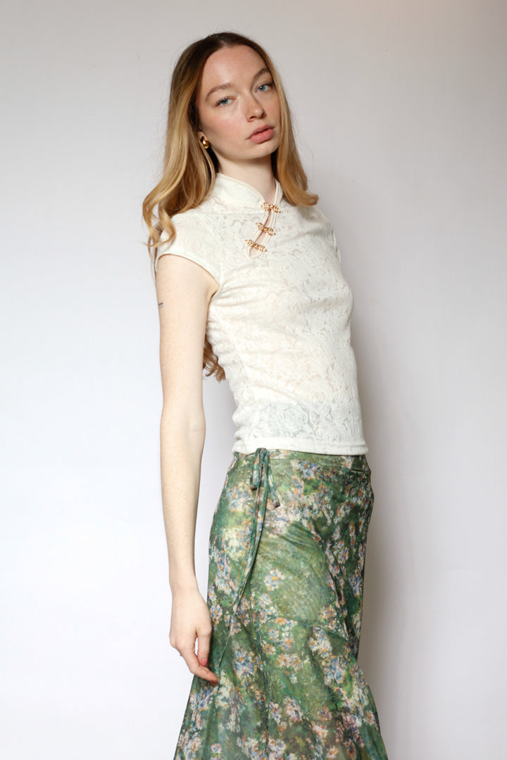 Cotton Cream Qipao Lace Top with Gold Knot