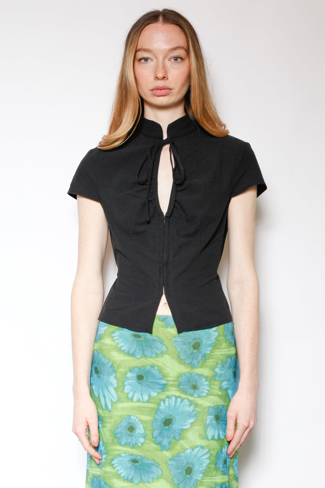 Cotton Black Tie Waist Mandarin Collar Top