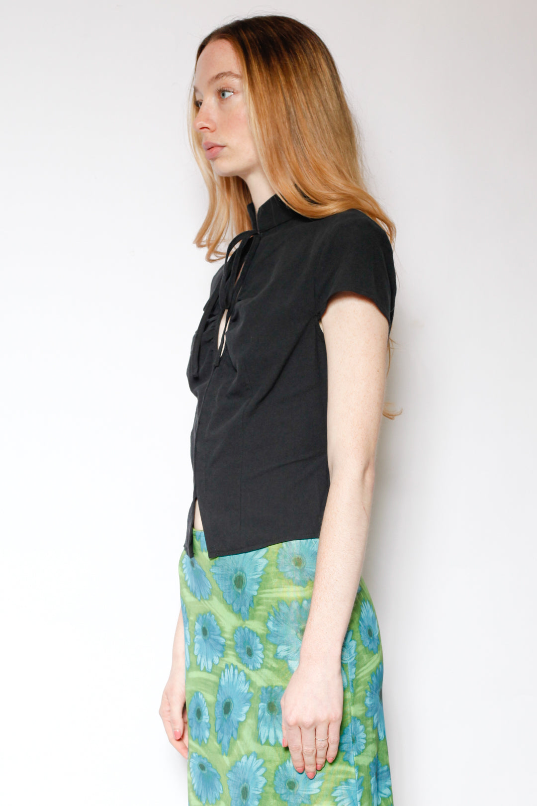 Cotton Black Tie Waist Mandarin Collar Top