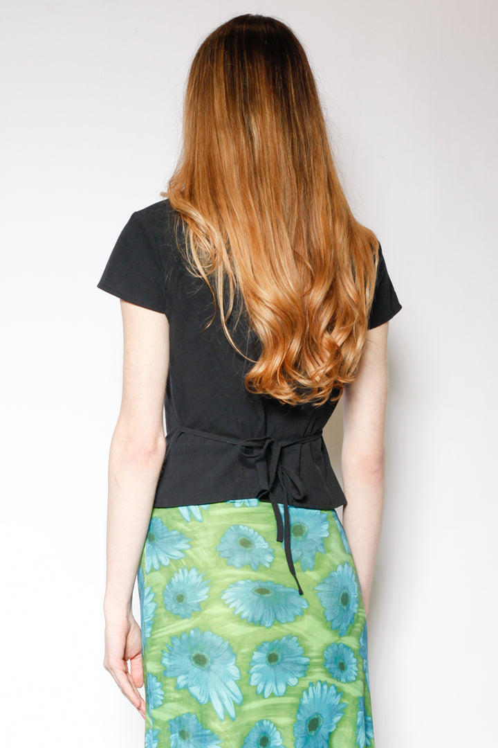 Cotton Black Tie Waist Mandarin Collar Top